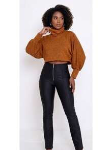 Women's Long-Sleeved Cropped Top With A High Neck In Wool Fabric. - Caramel - View 2