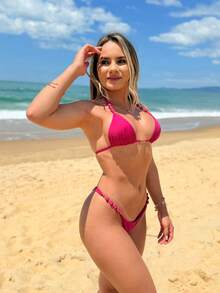 Jade Bikini With Pearls, Luxury Beach Set For Women, Summer, Bathing, And Sea - Hot Pink - View 2