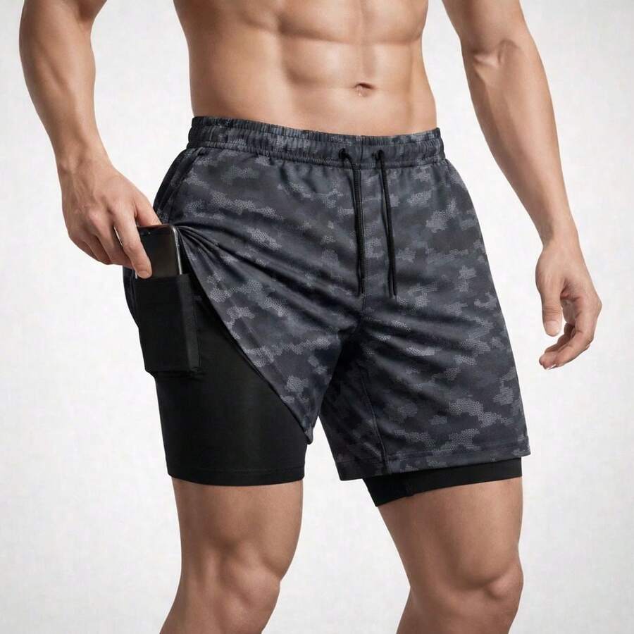 Men's Double Shorts 2 In 1 Premium Compression Fitness Dry Fit For Gym, Training, Running, Soccer - Ngụy trang - Xem 1