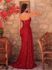 ADYCE Đầm maxi nữ đính sequin cổ tim, kiểu quây ngực, phối lưới, cạp cao, xẻ tà, thích hợp cho dạ hội, tiệc tùng, tiệc tối trang trọng, năm mới và các dịp khác như đám cưới, mùa xuân. - Đỏ - Xem 2