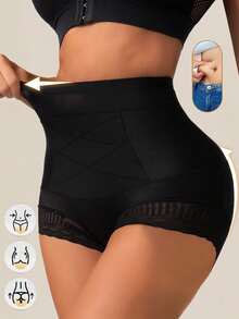 SEXYEYE Seamless High Waist Shaping Panties Women's Lace Tummy Control Panty Slimming Waist Trainer Sheath Flat Belly Underwear Butt Lifting Shapewear - 黑色 - 查看 3