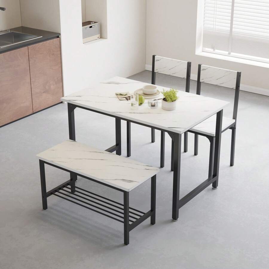 Set Of 4pcs Grey Dining Set Including Rectangular Dining Table Dining Chairs Dining Bench With MDF Top Metal Frame Storage Shelf For Dining Room Kitchen Living Room - White Marble - View 1