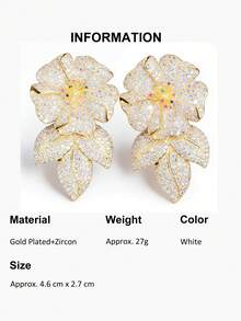 1 set de boucles d'oreilles pendantes fleur et feuille plaquées or jaune avec zirconium cubique micro-serti. Bijoux de luxe CZ pour femmes, mariées, demoiselles d'honneur, mariage, fiançailles, banquet, fête. Cadeau pour petite amie/épouse - Blanc - Voir 14