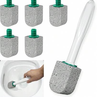 OBOVAY 30cm Long Handle Toilet Brush With 1 Brush Head + 5 Volcanic Stones, Bathroom Toilet Cleaner For Hard Water Stains And Rust Removal, Toilet Cleaning Tool
