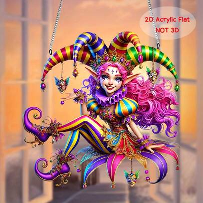 2D Flat Acrylic 1pc, Carnival Cute Clown Elf Hanging Pendant, Suncatcher Wall Sculptures, Colored Window Hanging, Ornament For Birthday & Holiday Decor, Perfect Idea Gift For Best Friends, Perfect For Home, Room, Garden Window Art - 7.9" X 7.9"