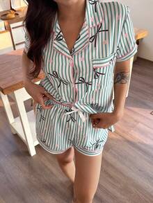 2件組女款圓點條紋蝴蝶結印花短袖短褲睡衣套裝，適合四季穿著 - 綠色 - 查看 7