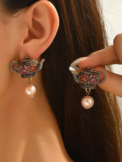 1 Pair Vintage Style Small Teapot Earrings With Pearl Decor, Luxury Earrings For Women
