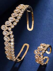 两件套时尚奢华镶嵌立方氧化锆简约优雅百搭手镯戒指套装，适合女性日常佩戴及馈赠 - 手鐲戒指套裝 - 查看 3