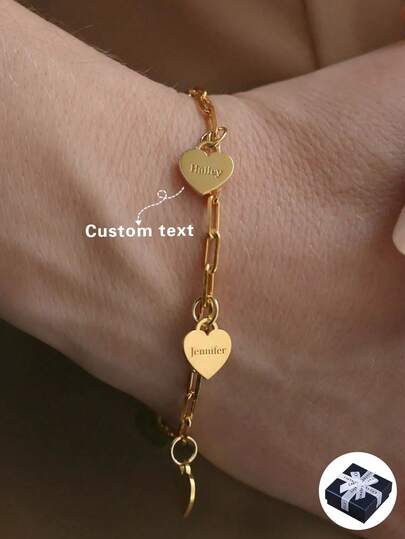 Customized Stainless Steel Personalized Heart-Shaped Name Bracelet, Birthday Gift, Summer Fashion Accessory, Exquisite Engraving, Stylish, Minimalist, Colorful, Modern, Cute Customization, Gift, Suitable For Family And Friends, Multifunctional, Decorative, Letter, Fashionable, Modern, Colorful, Cute, Casual, Customized, Personalized, Unique, Ideal Gift For Him, Ideal Gift For Her, Son, Daughter