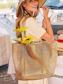 1pc Mesh Tote Bag, Cosmetic Bag, Casual Handbag, Foldable Women's Shoulder Bag For Picnic, Waterproof, Foldable, Essential Bag, Multifunctional Shoulder Shopping Tote, Mesh Hollow Bag, Mesh Bag, Bathroom Storage Bag, Multifunctional Toiletry Bag, Bathroom Bag And Shoulder Tote, Lightweight, Large Capacity, Portable Mesh Beach Bag, Suitable For Family Travel, Vacation, Beach, Camping And Hiking, Summer Holiday Bag ,Makeup Bag - 粉色 - 查看 2