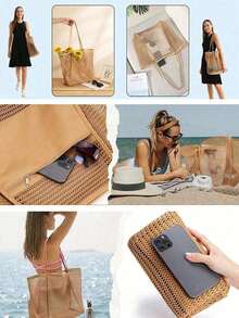 1pc Mesh Tote Bag, Cosmetic Bag, Casual Handbag, Foldable Women's Shoulder Bag For Picnic, Waterproof, Foldable, Essential Bag, Multifunctional Shoulder Shopping Tote, Mesh Hollow Bag, Mesh Bag, Bathroom Storage Bag, Multifunctional Toiletry Bag, Bathroom Bag And Shoulder Tote, Lightweight, Large Capacity, Portable Mesh Beach Bag, Suitable For Family Travel, Vacation, Beach, Camping And Hiking, Summer Holiday Bag ,Makeup Bag - 粉色 - 查看 7