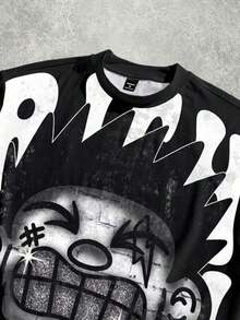 Manfinity Roghcode Men's Oversized Distressed Funny Diamond Teeth Tattoo Big Face Allover Print Cropped Loose T-Shirt (High Quality) - Black 3 - View 10