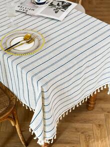 1 pieza Mantel rectangular de lino y poliéster con flecos, estilo minimalista retro americano, resistente al calor, adecuado para cocina, mesa de comedor, mesa de café, gabinete de TV, reuniones familiares, picnics al aire libre - Multicolor - Ver 3
