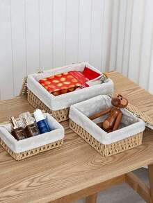 3pcs/1pc Hand-Woven Storage Basket, Wicker Display Basket, Suitable For Cosmetics, Keys, Snacks, Fruit, Living Room, Entryway, Bedroom, Kitchen, Cabinet, Room Decor, Wedding Gift Basket, Easter Basket, Autumn Decor, Back To School And Holiday Gifts - Brown - View 6