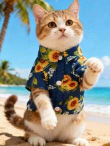 1 pieza Camisa de solapa delgada con estampado de playa hawaiana para mascotas (gatos/perros), primavera/verano/otoño - Amarillo - Ver 3