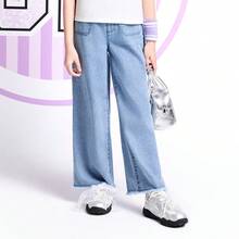 Annil 【纯棉柔软牛仔阔腿裤】女童浅蓝色时尚水洗夏季增高毛边牛仔裤 - 淺藍牛仔 - 查看 8