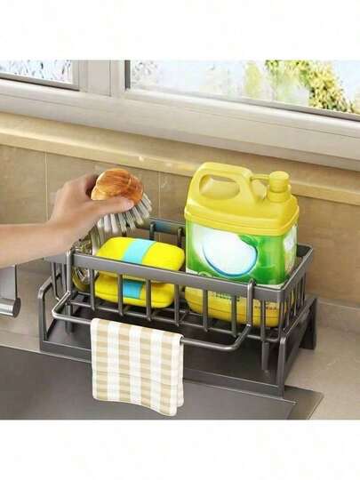 Organizador de almacenamiento para el drenaje del fregadero de la cocina, soporte para esponjas y toallas, puede sostener el escurridor del grifo, estante de almacenamiento de la cocina, escurridor de paños de cocina, soporte para detergente y lana de acero, sin necesidad de perforar para la instalación, puede colgar paños de limpieza, organizar herramientas de limpieza, accesorios de cocina, suministros de cocina, mejorar la eficiencia de la cocina.