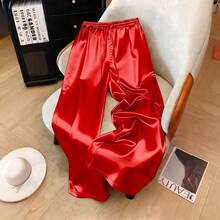 1 pieza Pantalón con cordón de tela tejida de unicolor, adecuado para vacaciones, escuela, fiesta, aeropuerto, actuación en el escenario, otoño/invierno con acabado brillante de primavera - Rojo - Ver 6