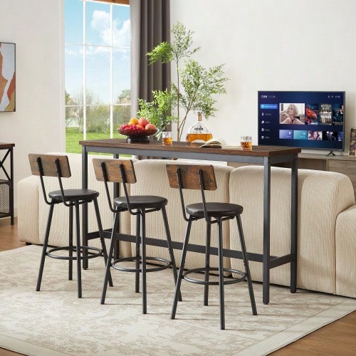 Long Bar Table With 3 PU-Upholstered Bar Stools, Industrial Style, Ideal For The Kitchen, Dining Room, Living Room Or Reception Room. Colour: Rustic Brown And Black. - Camel - View 1