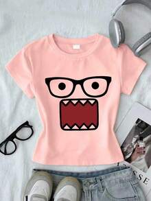 Juniors' Graphic Print Cropped Top, Casual Summer Fitted Short Sleeve Crop Tee, Girls' Comfortable Fit Cropped T-Shirt - Pink - View 1