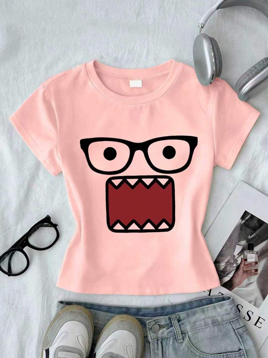 Juniors' Graphic Print Cropped Top, Casual Summer Fitted Short Sleeve Crop Tee, Girls' Comfortable Fit Cropped T-Shirt - Pink - View 1