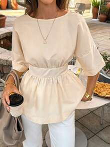 Camisa de mujer Look Polly con lazo, espalda descubierta y manga corta, estilo casual y de vacaciones, para primavera/verano - Albaricoque - Ver 9