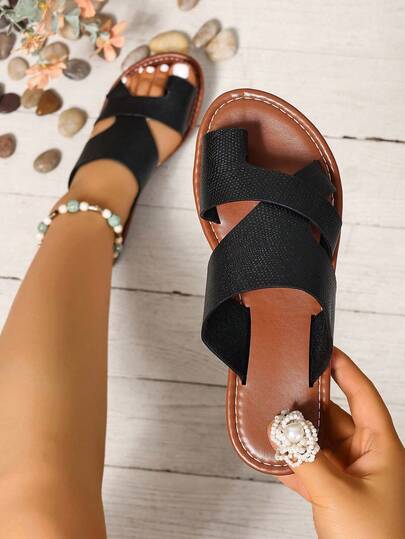 Ximi Ruo 宽楦水钻装饰舒适拖鞋，韩版休闲平底凉鞋，女士露趾拖鞋，适合春季、夏季、海滩、休闲穿着