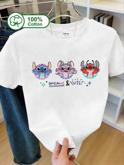 Disney 迪士尼女士休闲日常短袖T恤，100%纯棉，饰有蓝色史迪奇、粉色天使和红色利罗伊印花。夏季服装，适合日常外出、上学、游览迪士尼乐园和参加动漫展。T恤印有史迪奇、天使和利罗伊图案。