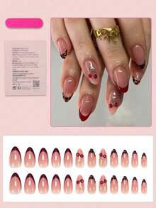 24pcs Medium Almond Shaped Nail Stickers, White French Pointed Tip, Floral Pattern, Fashionable Full Coverage, Suitable For Women & Girls Daily Wear, Summer Nail Art Nails Nail Supplies - 多色 3 - 查看 3