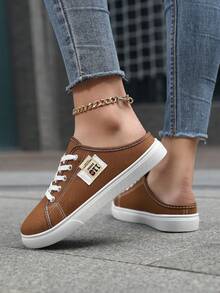 Giày mule vải bố dành cho nữ, giày thể thao xỏ chân, dép vải bố màu trơn thời trang và thoải mái, giày thường ngày cho nữ. - màu nâu - Xem 2