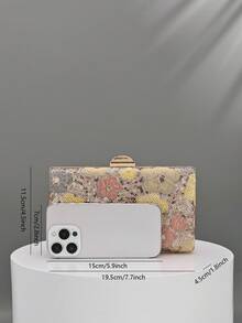 1个时尚花卉图案女士手提包，复古香槟色亮片刺绣花朵链条晚宴包，适合派对女孩、新娘、新婚夫妇和上班族，适用于派对、婚礼等场合，迷你盒形包（图案随机） - 彩色 - 查看 3