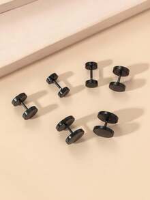 6pcs Stainless Steel Black Stud Earrings, Suitable For Daily Wear - Black - View 1