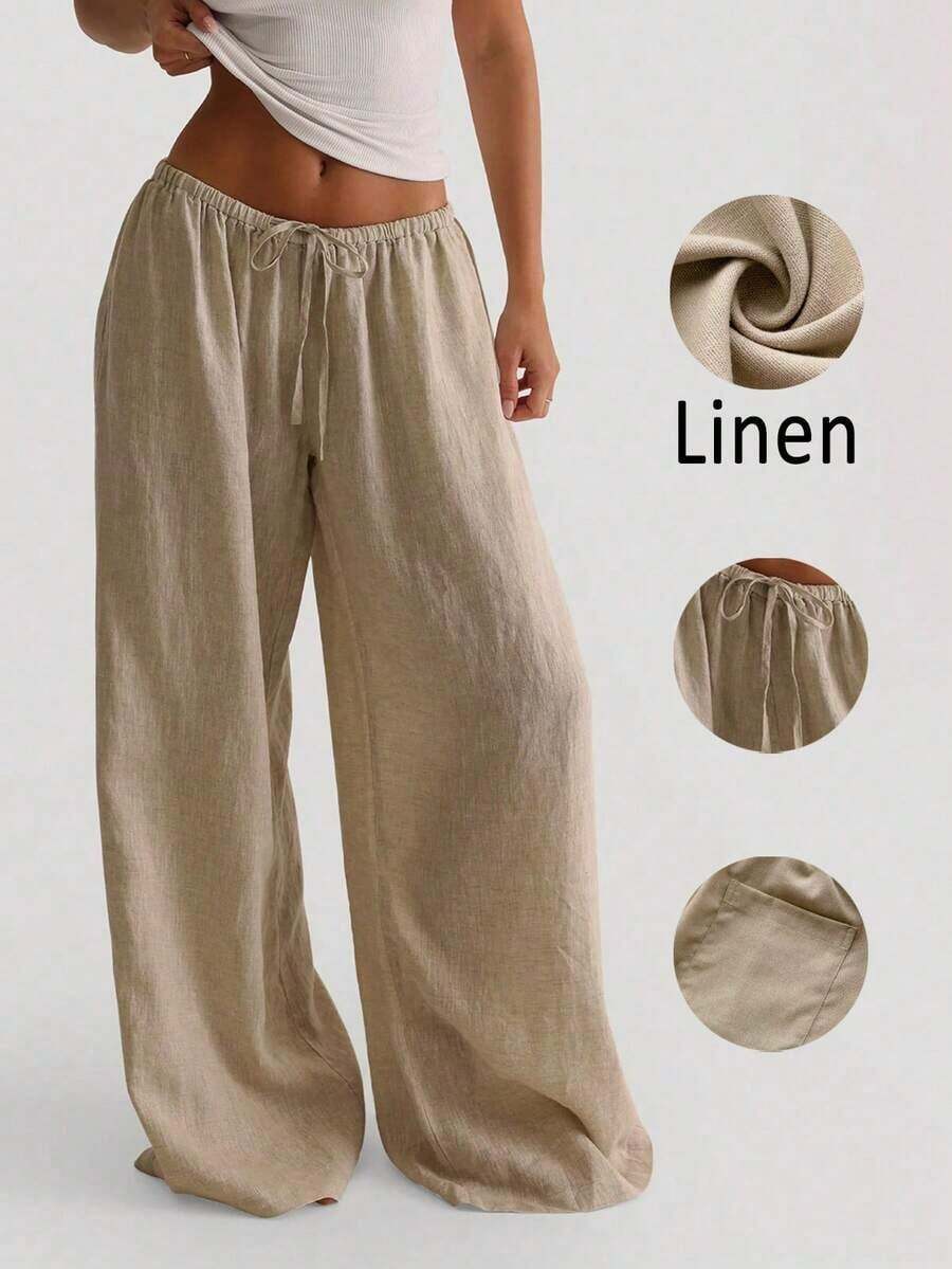 Women's Casual Comfortable Versatile Linen Loose Flowy Wide Leg Pants Spring - 杏色 - 查看 1
