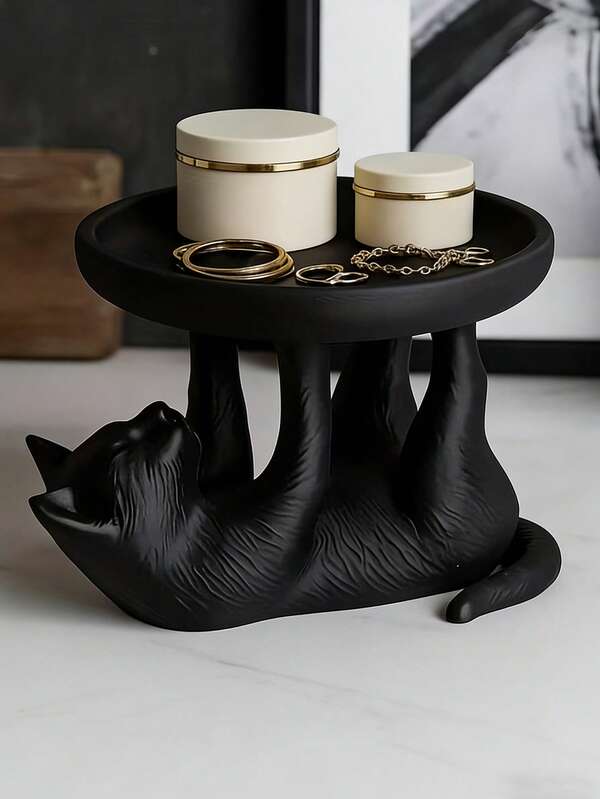 1pc Nordic Luxury Black Cat Trinket Tray, Multi-Functional Storage Dish, Vanity Makeup Organizer Tray For Lipstick, Eyeshadow, Compact Portable Housewarming Gift