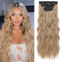 Clip In Long Wavy Hair Extension 4PCS Thick Flaxen Gold/Black Hairpieces Double Weft 20 Inch Synthetic Hair Extension For Women - Multicolor - View 10