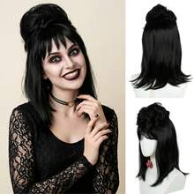 Lydia Deetz Inspired 45cm Black Bob Wig With Fixed Bun & Red Veil Natural Heat Resistant Synthetic Hair For Halloween, Christmas Cosplay 100 Days Of School Anime Cosplay Party - Multicolor - View 11