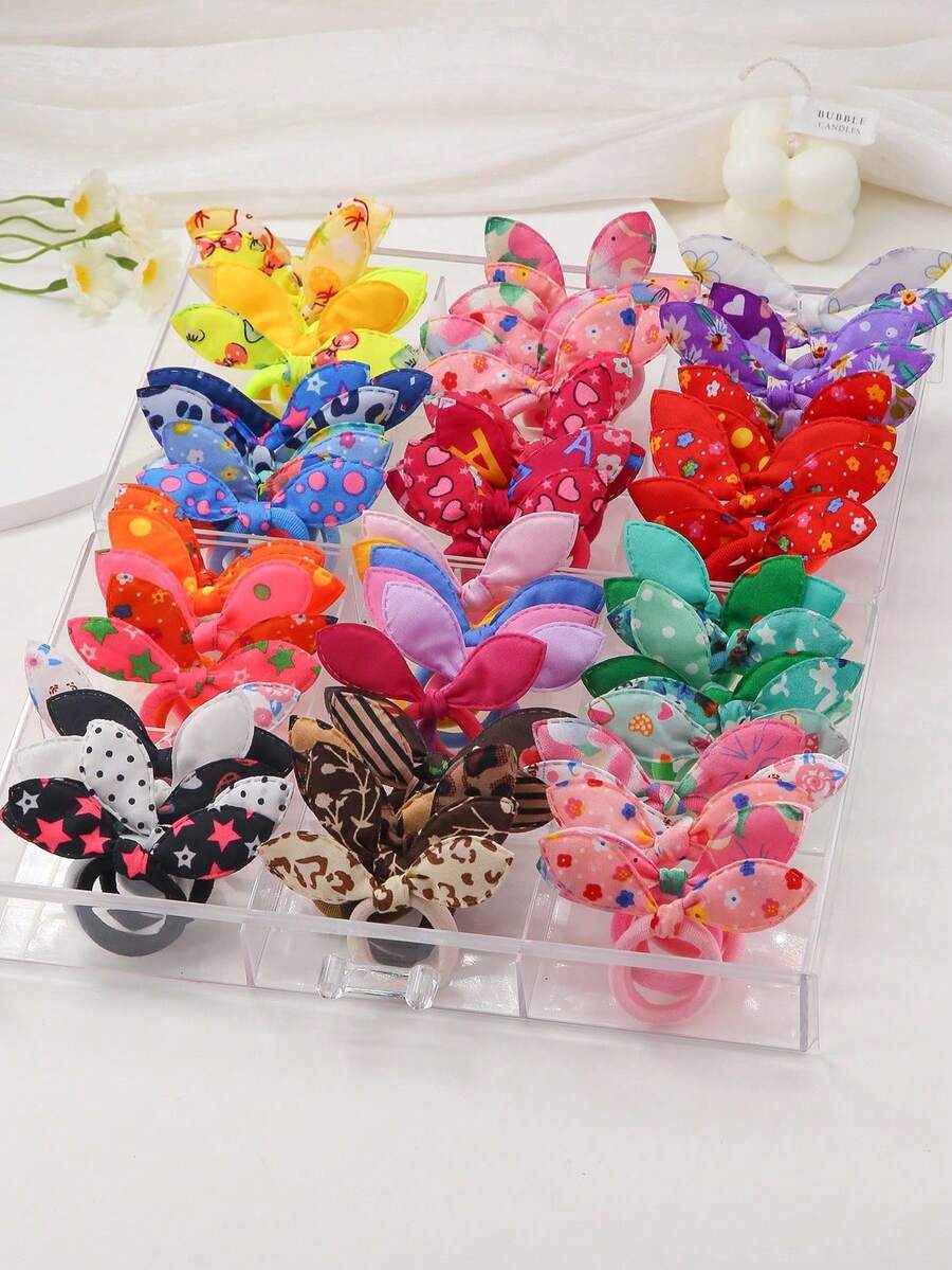 Set de 30 piezas de coleteros con orejas de conejo de tela multicolor y aleatorios, con alta elasticidad y durabilidad, sin dañar el cabello, accesorios de cabello dulces y versátiles para niñas, aptos para uso diario - Multicolor - Ver 1