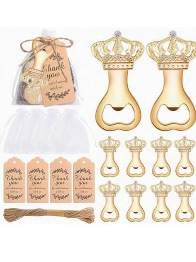 12pcs Crown Shaped Bottle Opener Wedding Favor Set, Includes Organza Bag, Thank You Card & Jute Rope - Zinc Alloy Crown Bottle Opener Suitable For Baby Shower, Birthday Party, Bride Gift And Guest Favors (3pcs Each Of Card, Bag, Rope)