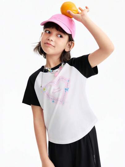  Áo thun ngắn tay trẻ em Annil, chất liệu thoáng mát, tay áo raglan co giãn, phối màu tương phản, áo dành cho bé gái.