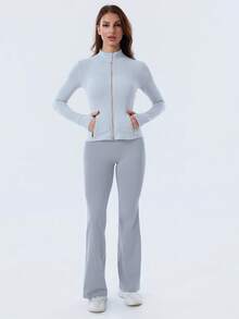 Women's Slim Fit Workout Jacket Zip-Up 4-Way Stretch Thumb Hole Multi Pocket Athletic Activewear Top - Tinh bột xanh/vàng - Xem 2