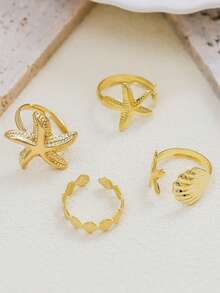 4pcs/Set Creative Starfish & Shell Design Adjustable Rings, Multi-Layer Stacking Rings, Elegant Beach Vacation Jewelry Accessories, Suitable For Summer Beach Party, Vacation, Bikini Outfit - Ideal Holiday Gift For Women - Yellow Gold - View 3