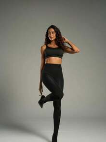 1件装女士黑色保暖内衬打底裤，弹力修身抓绒紧身裤，适合春秋季穿着 - 黑色 - 查看 3