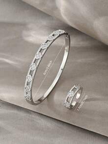 Juego de anillos y pulsera de plata, anillos y pulsera de múltiples capas entrelazados, elegante y lujoso conjunto de joyería, adecuado para uso diario, citas, fiestas y regalos - Plateado - View 4