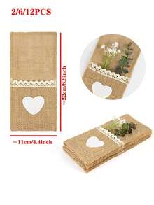 1 套 - 2/6/12 件亚麻心形餐具收纳袋，居家婚礼情人节餐桌装饰，蕾丝餐具袋，适合婚礼派对 - 棕色 - 查看 10