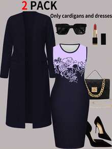 Plus Size Women's Long Dress Two Pieces Set, Printed Fitted Dress With Solid Color Jacket, Elegant Commuter Outfit - Navy Blue - View 2