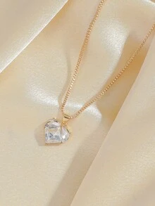 1件欧美时尚Y2K合金心形玻璃吊坠项链，情人节送给女性的礼物 - 金白色 - 查看 3