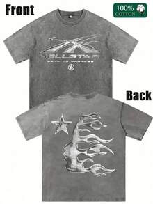 Men's Printed Pattern Washed T-Shirt - Casual Loose Summer T-Shirt With Star And Flame Design, Adult Brown 100% Pure Cotton Round Neck Shirt, Breathable T-Shirt |   Avant-Garde Casual Wear |   100% Pure Cotton Printed T-Shirt - 灰色 - 查看 1