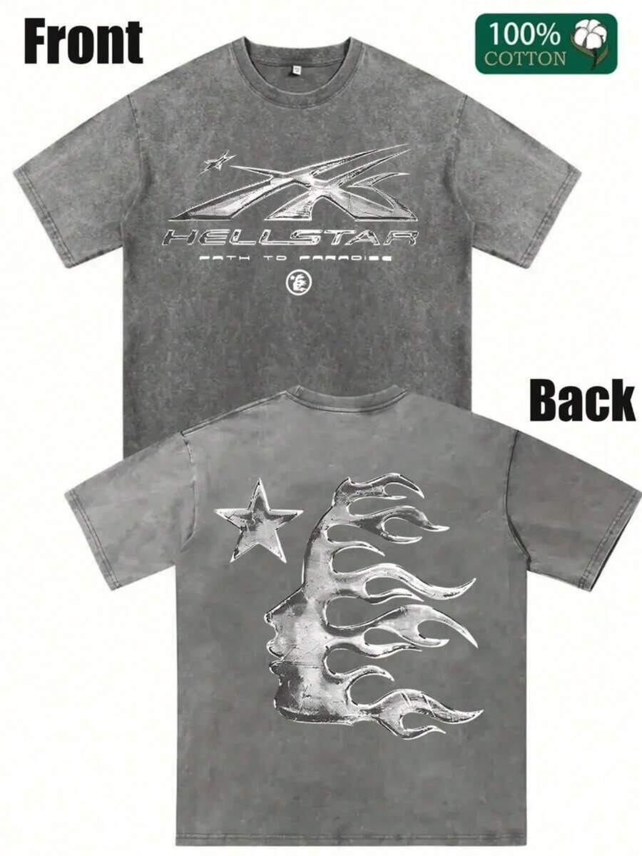 Men's Printed Pattern Washed T-Shirt - Casual Loose Summer T-Shirt With Star And Flame Design, Adult Brown 100% Pure Cotton Round Neck Shirt, Breathable T-Shirt | Avant-Garde Casual Wear | 100% Pure Cotton Printed T-Shirt - 灰色 - 查看 1