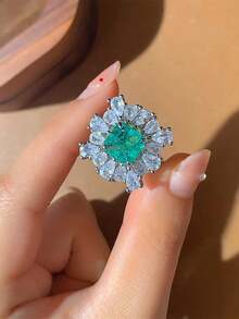 优雅花卉几何图案帕拉伊巴绿戒指，女士订婚礼物珠宝礼物 - 白色 - 查看 5