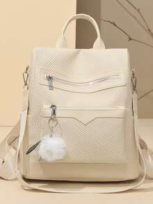 Backpack With PU Pom-Pom Decoration, Multifunctional Fashion Backpack For Women, Handbag, Shoulder Bag, Large Capacity, Multiple Pockets, Multi-Layer, Short Travel Bag - Dark Wash - View 5